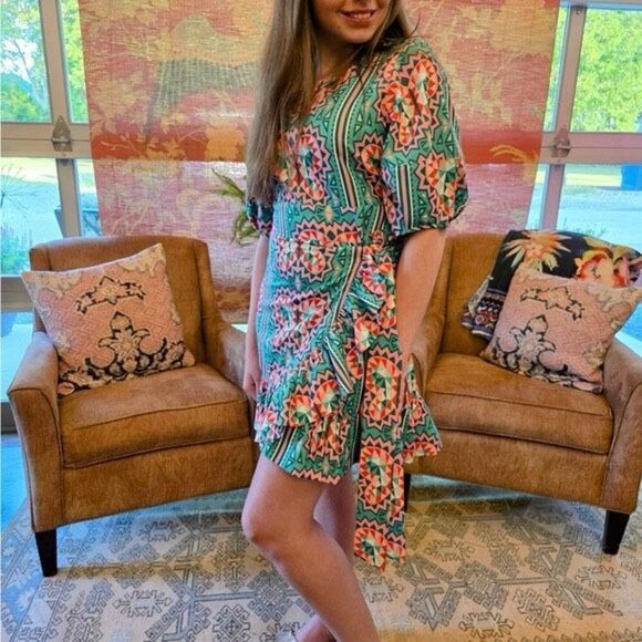 Emily Mccarthy Lola Green & Pink Mini Wrap Dress Size Medium $278 MSRP - Picture 2 of 7